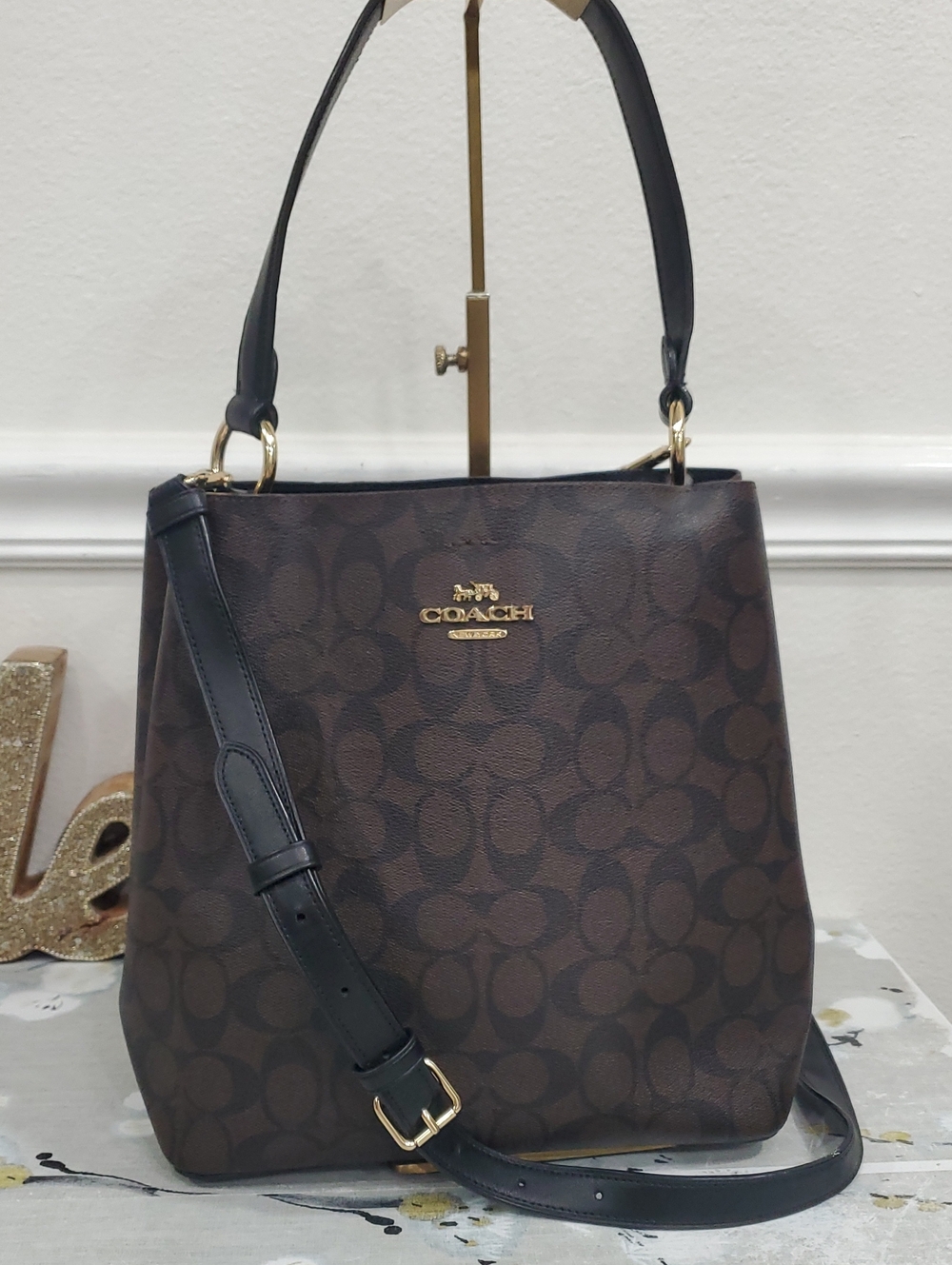 Coach Small Town Bucket Bag in Signature Canvas brown and black Monogram